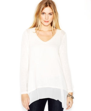Bar Ill Long-Sleeve Knit-Overlay Layered Top Marshmallow S