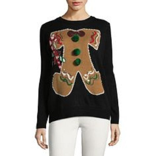 Faith & Zoe Women's Gingerbread Man Knit Christmas Thanksgiving Sweater Black X-Small