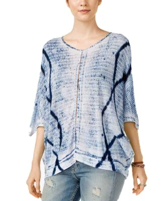 Lucky Brand Tie-Dyed Crochet-Detail Top Blue Combo S