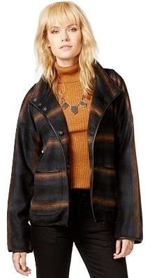 Sanctuary Women's Striped Faux-Leather-Trim Blanket Navy Gold Small