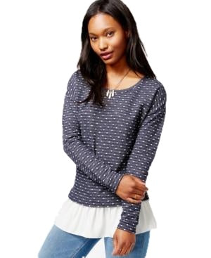 Maison Jules Metallic-Knit Ruffled Hem Top Blue Combo L