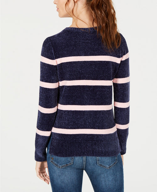 Maison Jules Women's Striped Crew Neck Long Sleeve Chenille Sweater