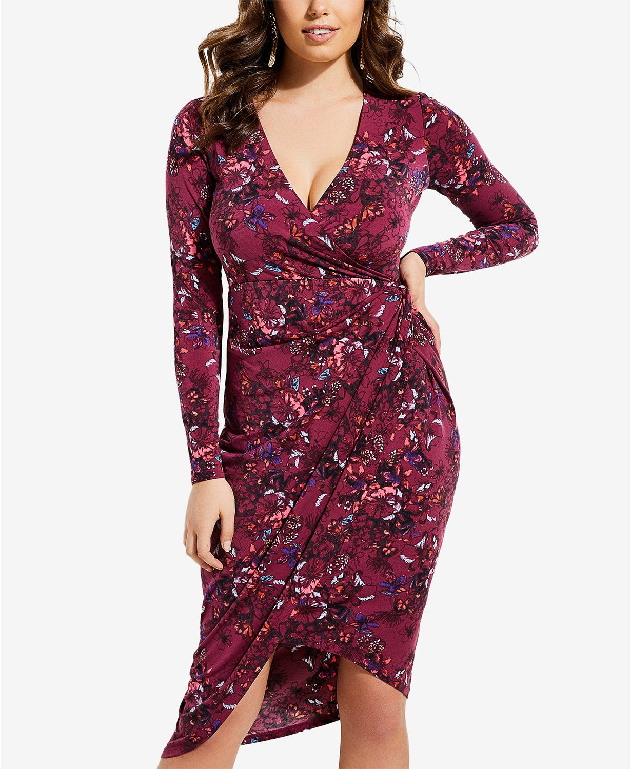 GUESS Women's Floral-Print Wrap Dress Hyper Bloom Print Pinot Noir XL