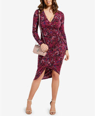 GUESS Women's Floral-Print Wrap Dress Hyper Bloom Print Pinot Noir XL