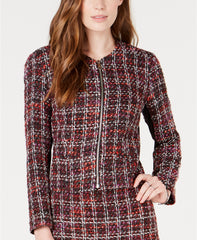 Maison Jules Collarless Tweed Zip-Up Tweed Jacket Red Black L