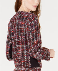 Maison Jules Collarless Tweed Zip-Up Tweed Jacket Red Black L