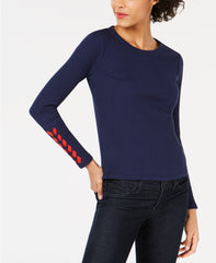 Maison Jules Women's Ribbed Laced-Sleeve Top Blu Notte