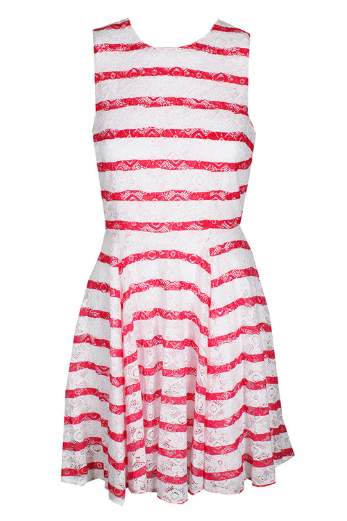 Maison Jules Striped Lace Fit & Flare Dress Berry Sorbet Combo L