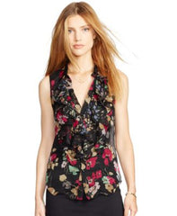 Lauren Ralph Lauren Women's Floral-Print Button-Front Top Black Multi 10