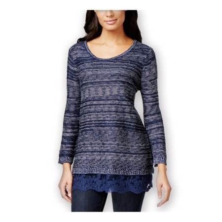 Style & Co. Women's Lace-Hem Marled Long Sleeve Sweater Industrial Blue L