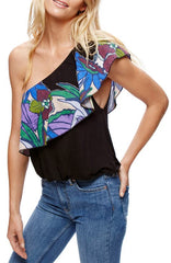 Free People Womens Annka One-Shoulder Floral Casual Black Top S