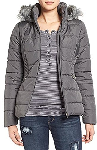 Krush Faux-Fur-Trim Puffer Quilted Jacket Charcoal M