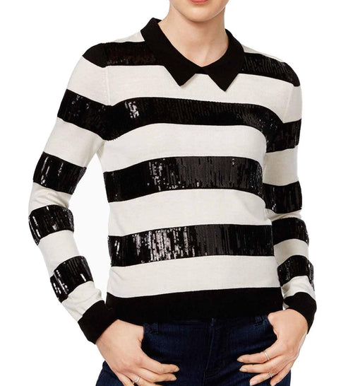 Maison Jules Sequined Striped Sweater Black Combo L