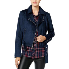 Wildflower Faux-Suede Moto Jacket Denim Blue S