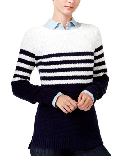 Maison Jules Striped Cross-Stitch Sweater Egret Combo S