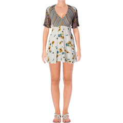 Free People Women's Mixed-Print Mini A-Line Short Sleeve Dress Ivory Combo