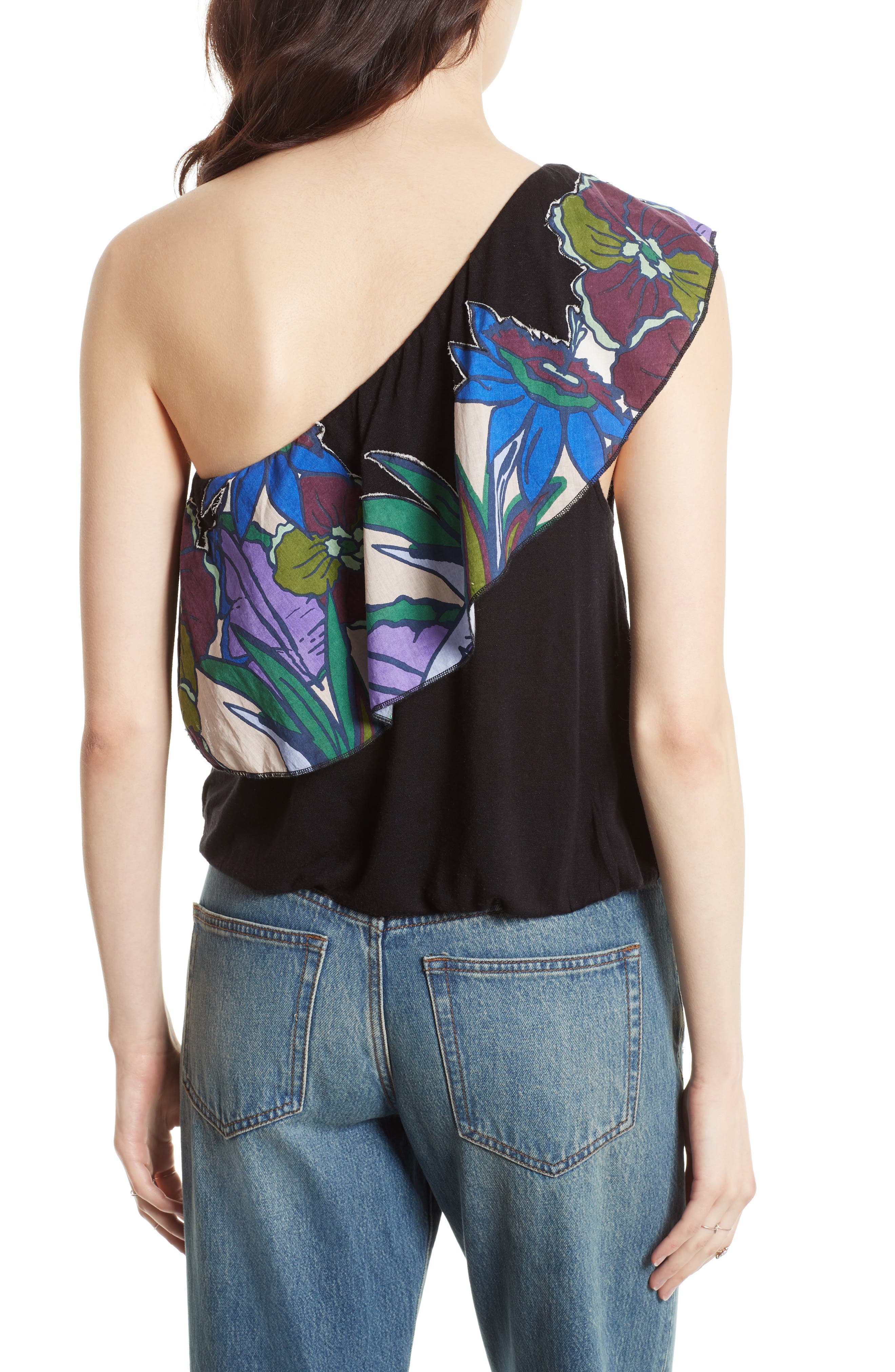 Free People Womens Annka One-Shoulder Floral Casual Black Top S