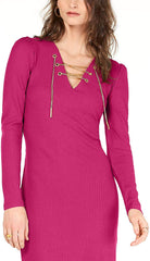 Michael Kors Women's Ribbed Lace-Up Sweater Dress Electric Pink L