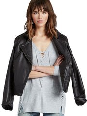 Lucky Brand Women's Raglan Lace-Up Long Sleeve Sweater Grey XL