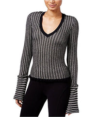 RACHEL Rachel Roy Women's Striped Lantern-Sleeve Sweater Canvas Black XS