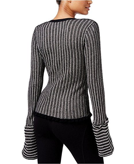 RACHEL Rachel Roy Women's Striped Lantern-Sleeve Sweater Canvas Black XS