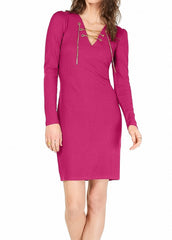 Michael Kors Women's Ribbed Lace-Up Sweater Dress Electric Pink L