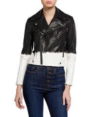 Alice + Olivia Cody Two-Tone Leather Crop Moto Jacket Brush Stripe S
