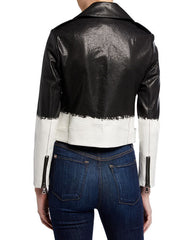 Alice + Olivia Cody Two-Tone Leather Crop Moto Jacket Brush Stripe S