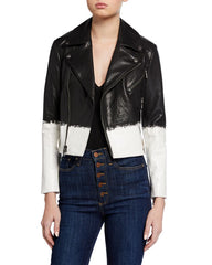 Alice + Olivia Cody Two-Tone Leather Crop Moto Jacket Brush Stripe S