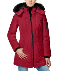 Wildflower Faux-Fur-Trim Hooded Puffer Coat Red M