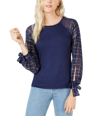 Maison Jules Plaid-Sleeve Contrast Top Blu Notte L