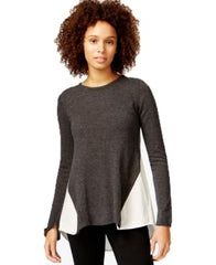Rachel Roy Women's Long Sleeve High-Low Contrast Sweater Gray Combo