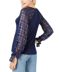 Maison Jules Plaid-Sleeve Contrast Top Blu Notte L