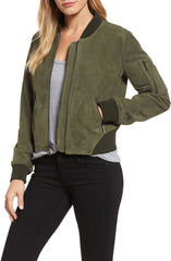 KENNETH COLE Suede Bomber Jacket Women's Green Grove L