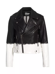 Alice + Olivia Cody Two-Tone Leather Crop Moto Jacket Brush Stripe S