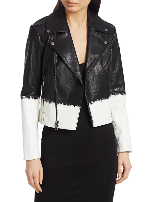 Alice + Olivia Cody Two-Tone Leather Crop Moto Jacket Brush Stripe S