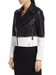 Alice + Olivia Cody Two-Tone Leather Crop Moto Jacket Brush Stripe S