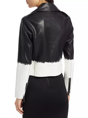 Alice + Olivia Cody Two-Tone Leather Crop Moto Jacket Brush Stripe S