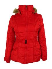 Rampage Faux-Fur-Trim Belted Puffer Coat Red S