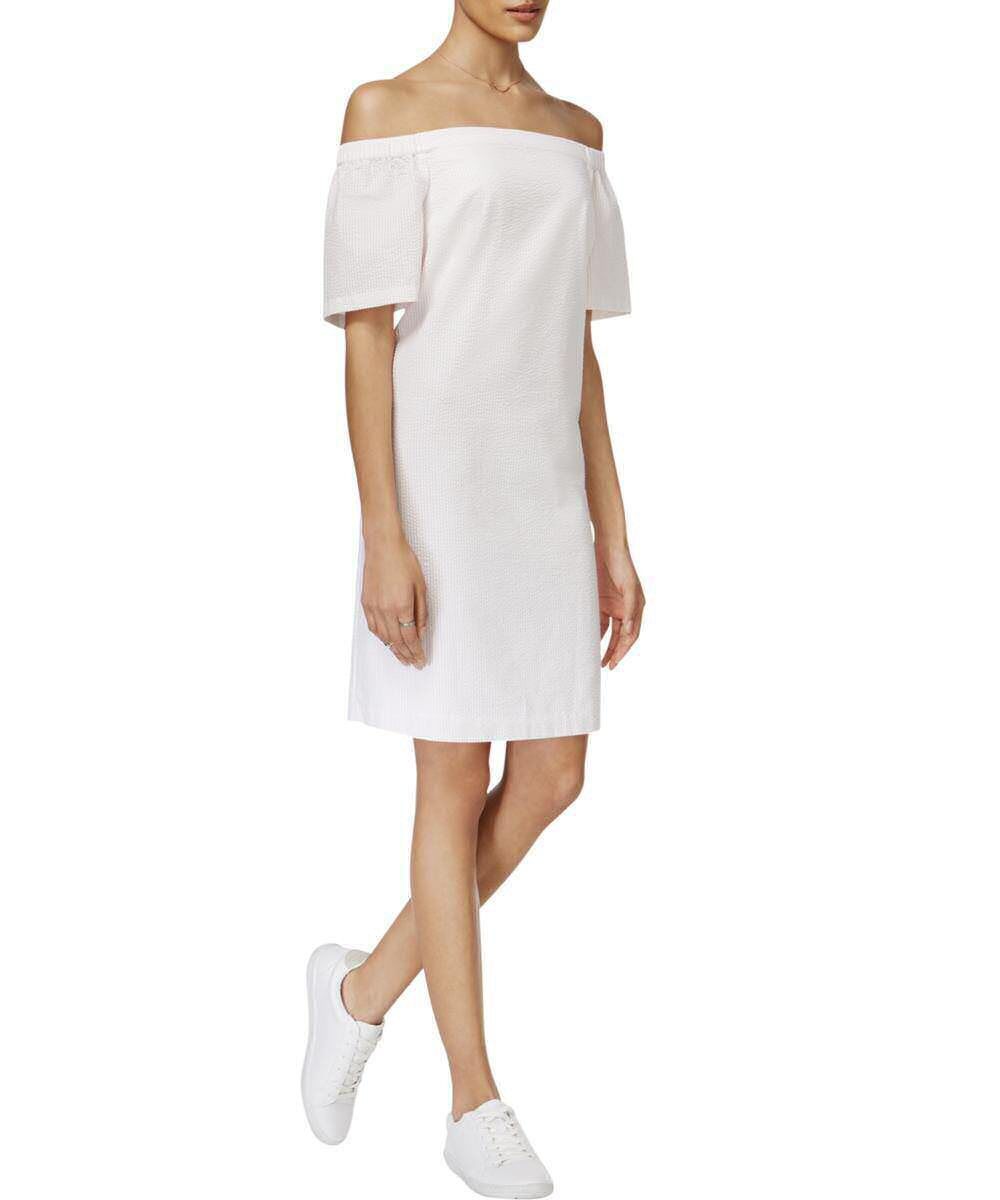 Maison Jules Seersucker Off-The-Shoulder Dress Soft Shell Combo XS
