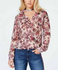 GUESS Women's Elsa Ruffled Choker Top Hyper Bloom Print Rose Dust S