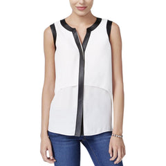 Bar III Sleeveless Faux-Leather-Trim Top Egret - Gear Relapse 