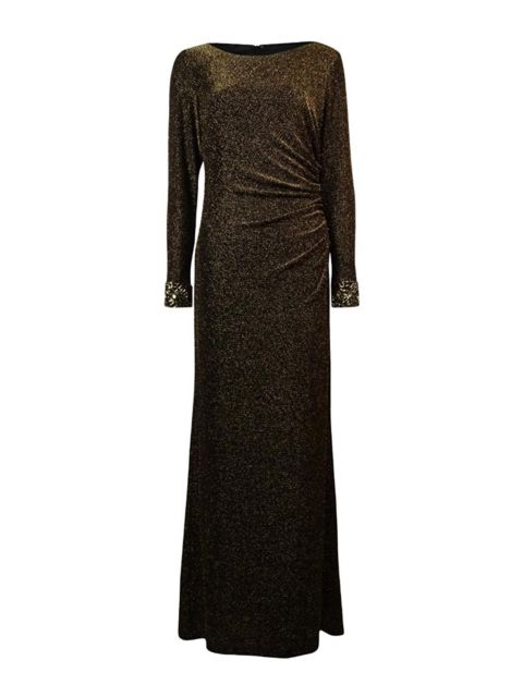 Patra Beaded Trim Long Sleeve Metallic Dress Black/Gold 10